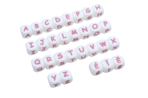 Lettre 12mm Exclusivité: Blanc - Rose sucré - Perle en silicone